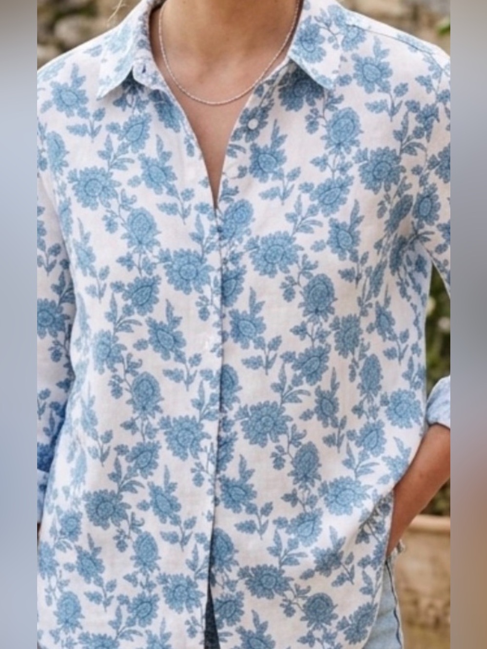 Cynthia Rowley White Button-Down Shirt with Blue Floral Print